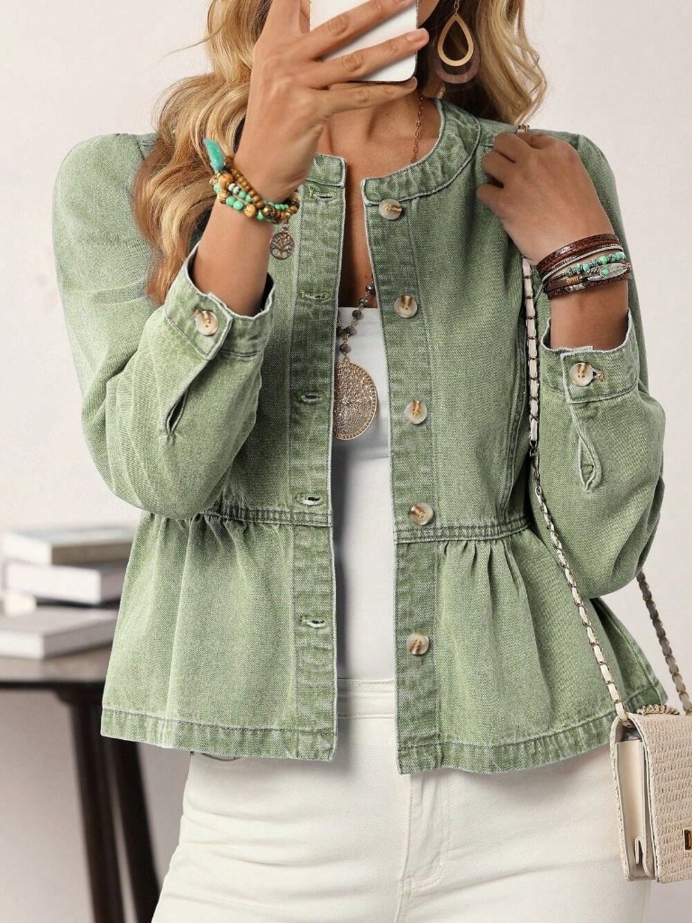 Army Green Casual Women's Long Sleeve Single-Breasted Ruffle Hem Denim Jacket - Picture 5 of 5